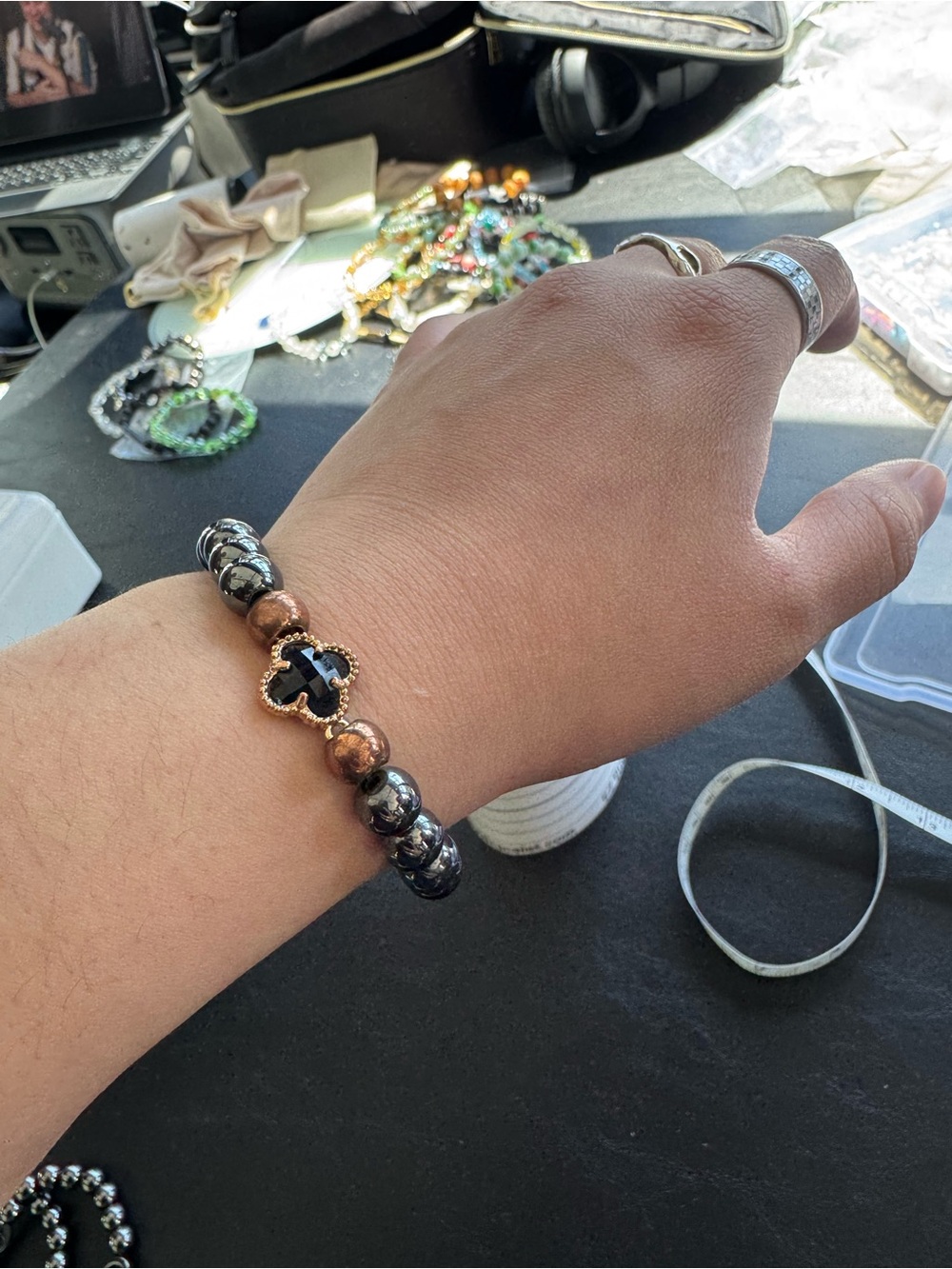 Gold & Black Bead Clover Bracelet - Women Jewelry